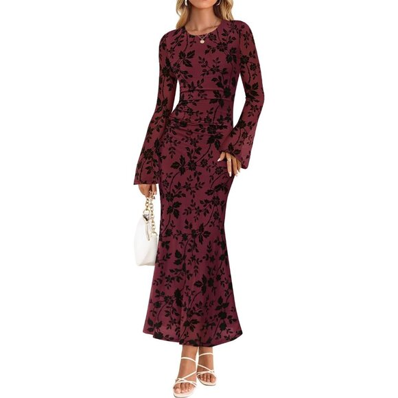 Zesica Women's Burgundy Ruched Mesh Long Sleeve Floral Bodycon Dress - Picture 1 of 5